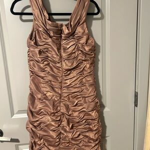 David's Bridal Ruched Tan Mini Dress